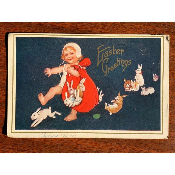 Antique 1910s Ephemera Easter Card Baby With Bunnies Embossed Used But Unposted - Picture 2 of 3